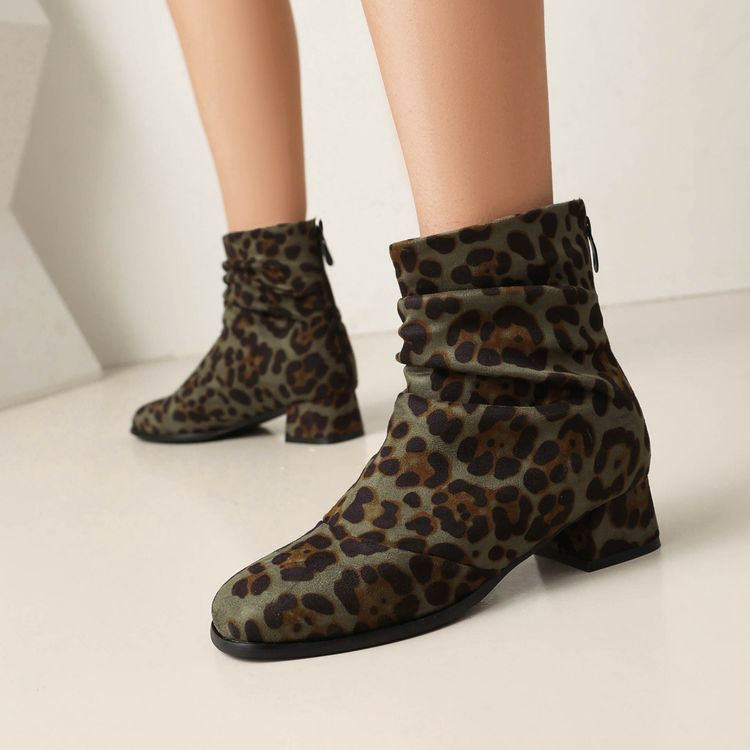 Women'S Leopard Print Round Toe Block Heel Ankle Boots