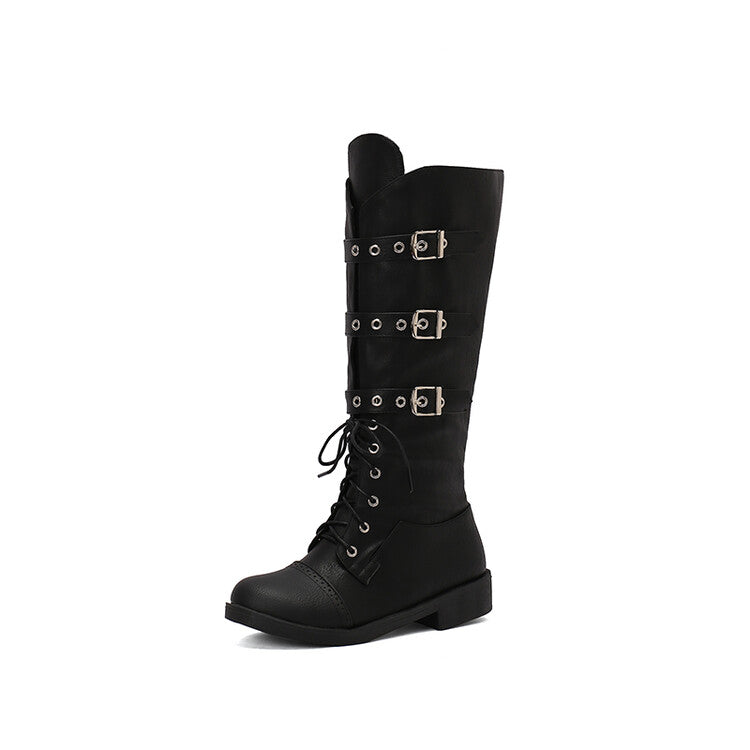 Women's Buckle Strap Round Toe Knee High Boots