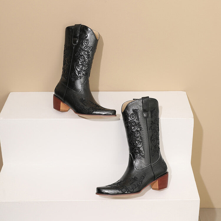Women's Embroider Block Heel Western Boots