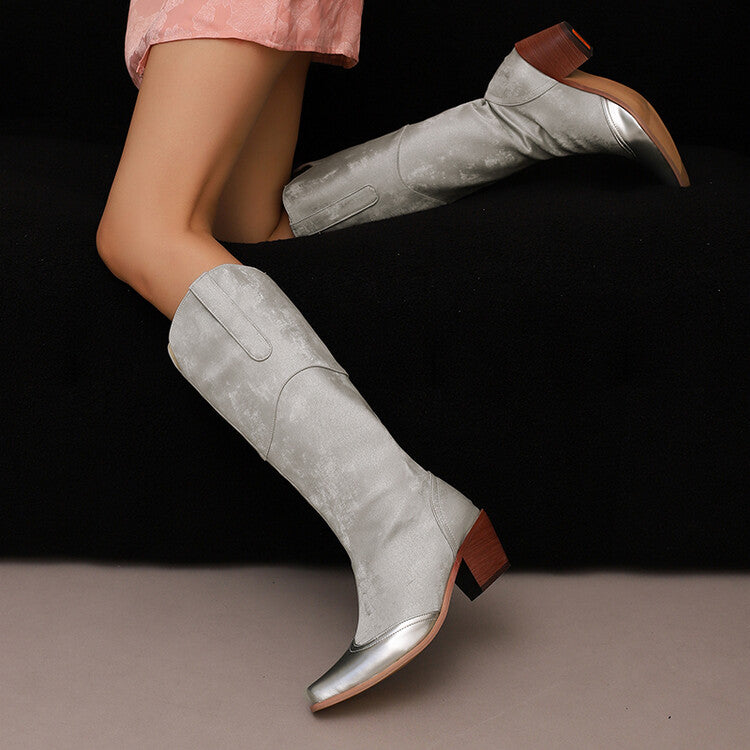 Women's Patchwork Pointed Toe Block Heel Knee High Western Boots