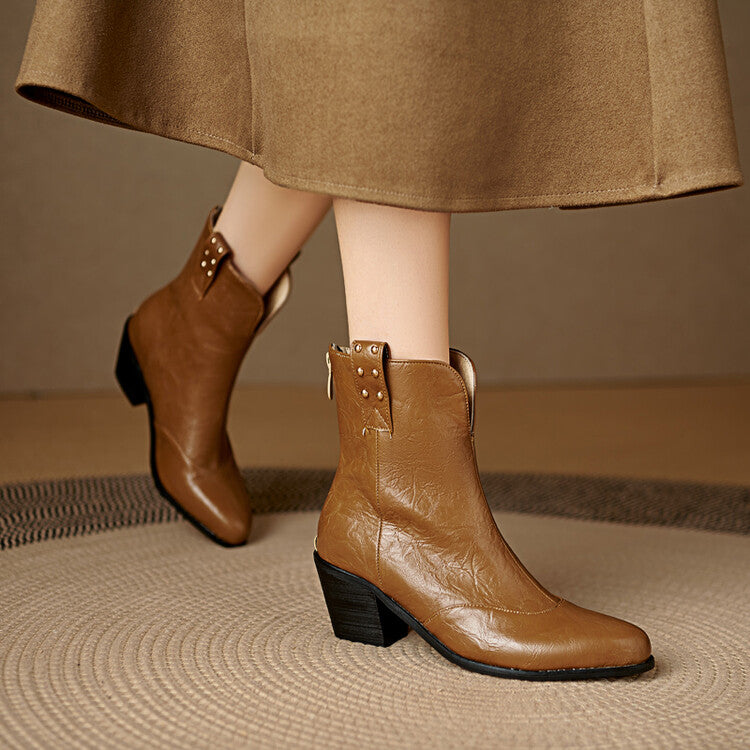 Women's Pointed Toe Square Heel Rivet Studded Ankle Boots