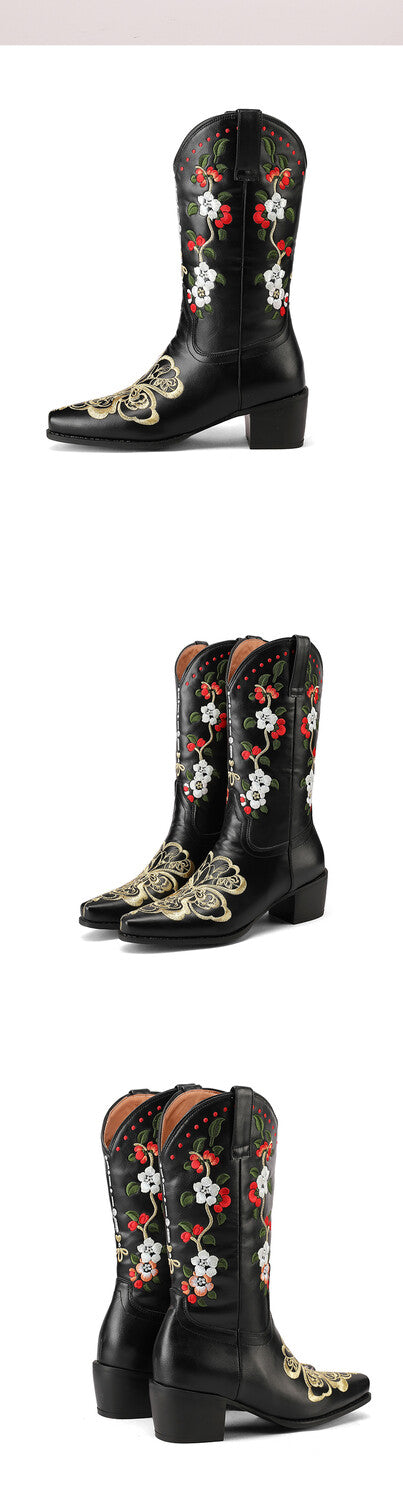 Women's Flowers Embroider Block Heel Western Boots