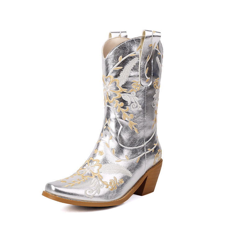 Women's Embroider Sequins Block Heel Mid Calf Western Boots