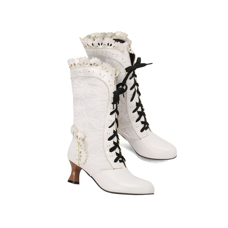 Women's Lace Lace-Up Round Toe Hoof Heel Mid Calf Boots
