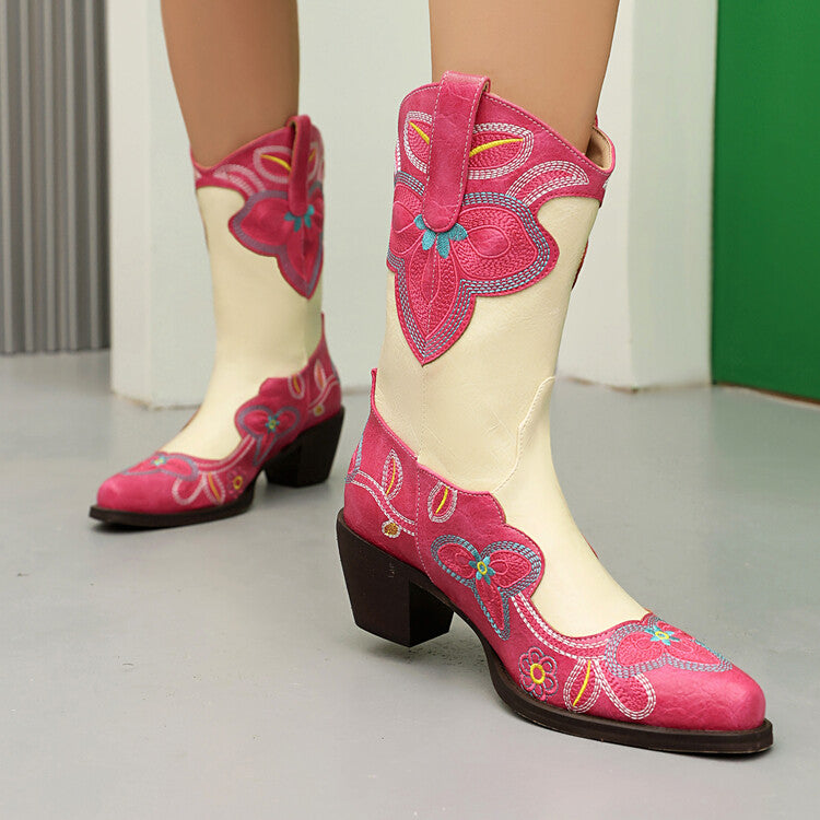 Women's Embroider Pointed Toe Block Heel Mid Calf Western Boots