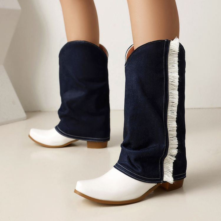 Women's  Patchwork Tassel Pointed Toe Square Heel  Western Boots