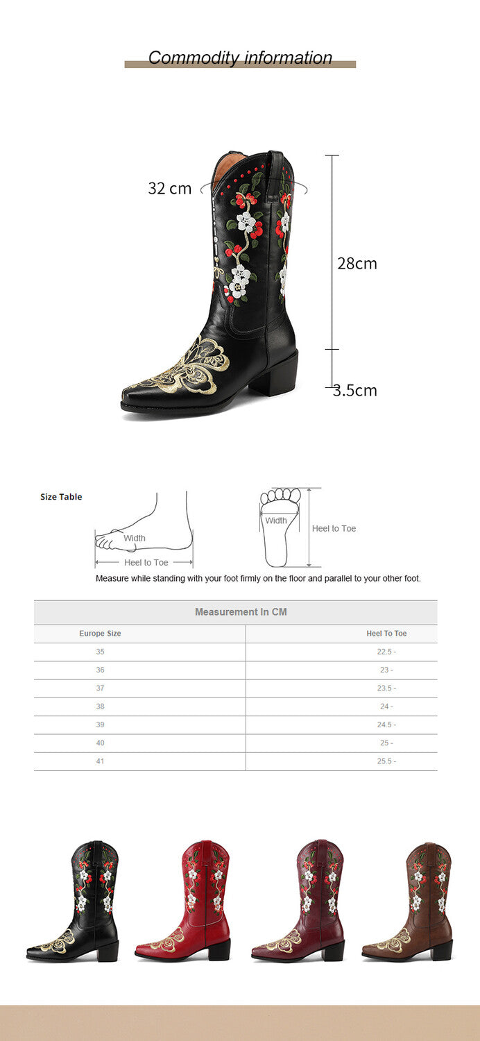 Women's Flowers Embroider Block Heel Western Boots