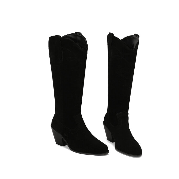Women's Embroider Pointed Toe Block Heel Knee High Western Boots