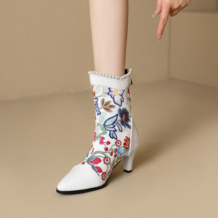 Women's Flowers Pearls Pointed Toe Spike Heel Short Boots