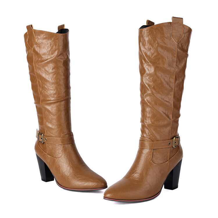 Women's Buckle Strap Pointed Toe Block Heel Knee High Western Boots