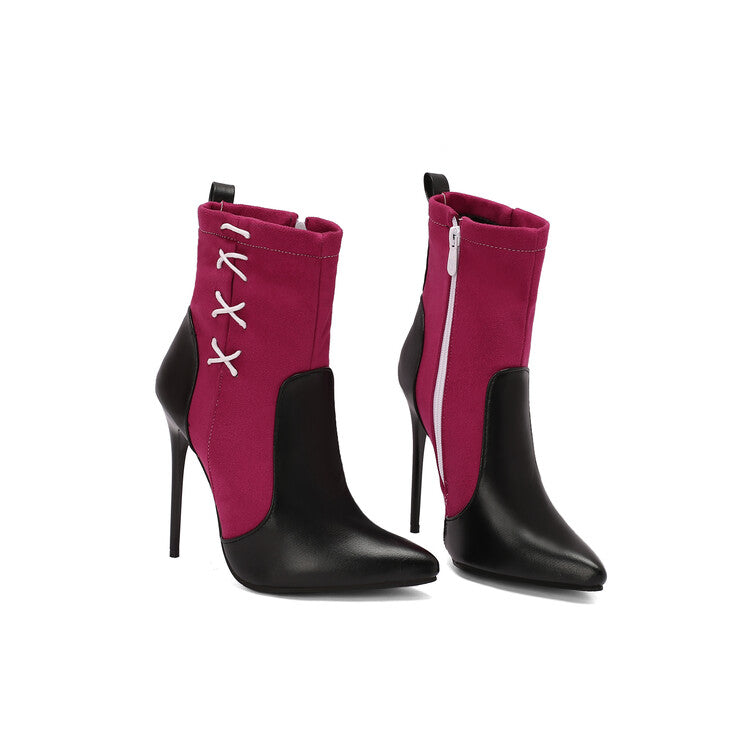 Women's Patchwork Pointed Toe Thin Heel Short Boots
