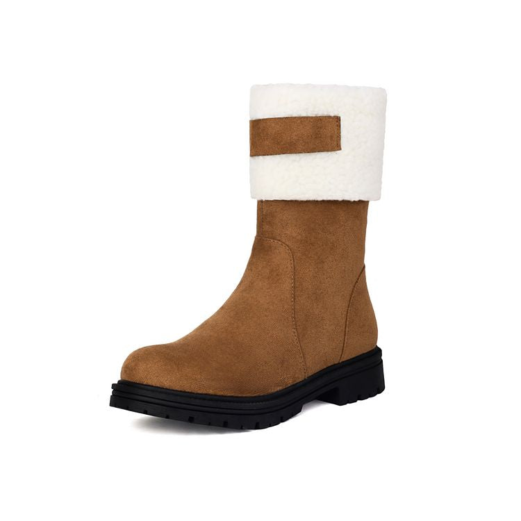 Women's Patchwork Plush Flat Mid Calf Snow Boots