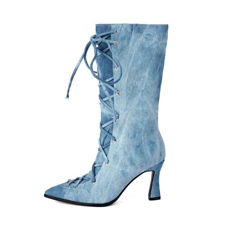 Women's Denim Cross Straps High Heel Mid Calf Boots
