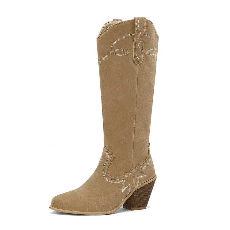 Women's Embroider Pointed Toe Block Heel Knee High Western Boots