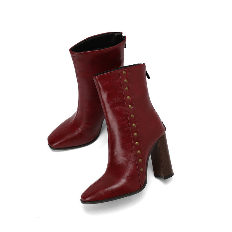 Women's Rivets Pointed Toe Block Heel Short Boots