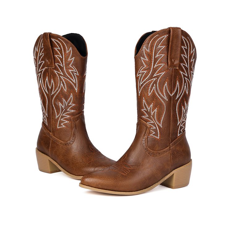 Women's Embroider Pointed Toe Low Heel Mid Calf Western Boots