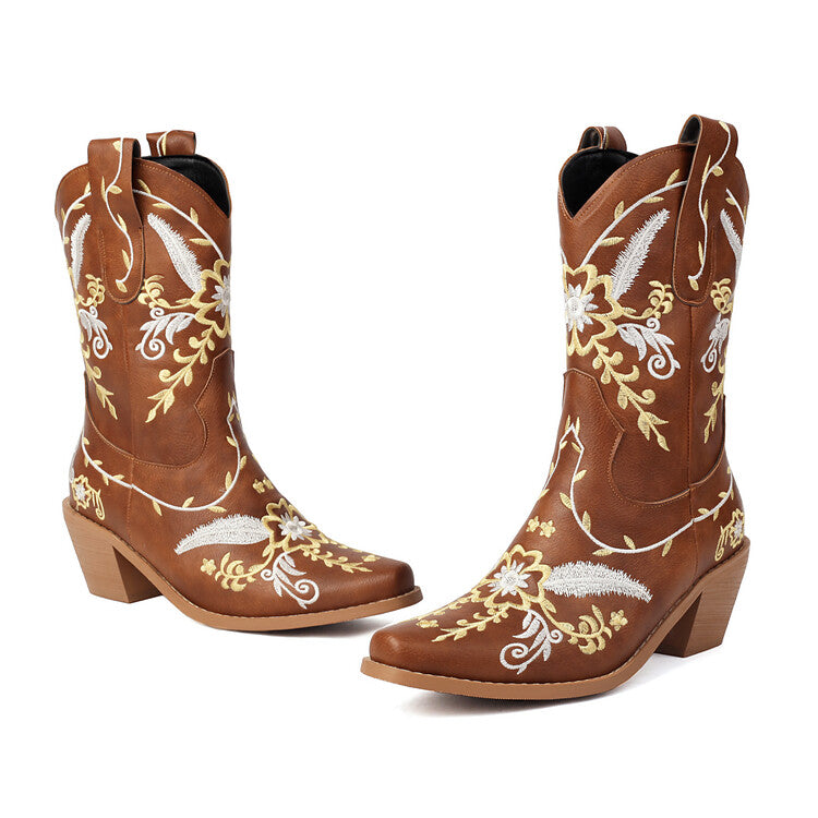 Women's Embroider Sequins Block Heel Mid Calf Western Boots