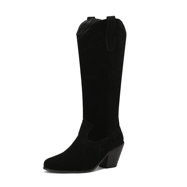 Women's Embroider Pointed Toe Block Heel Knee High Western Boots