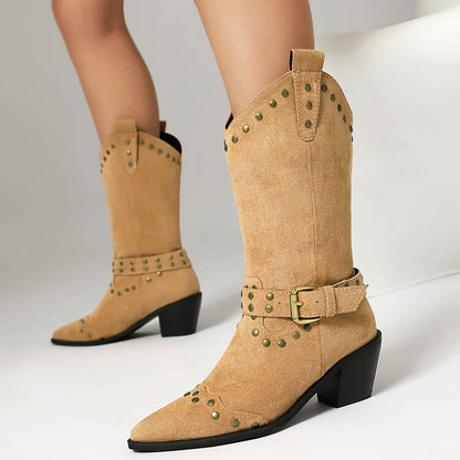 Women's Rivets Pointed Toe Square Heel Mid Calf Western Boots