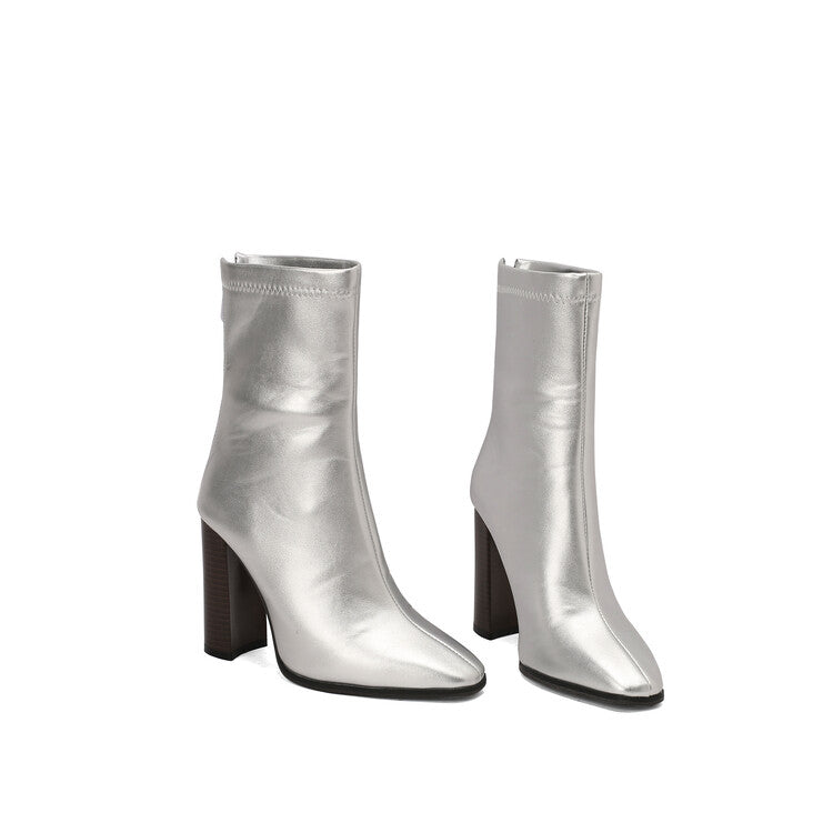 Women's Leopord Pattern Pointed Toe Square Heel Short Boots