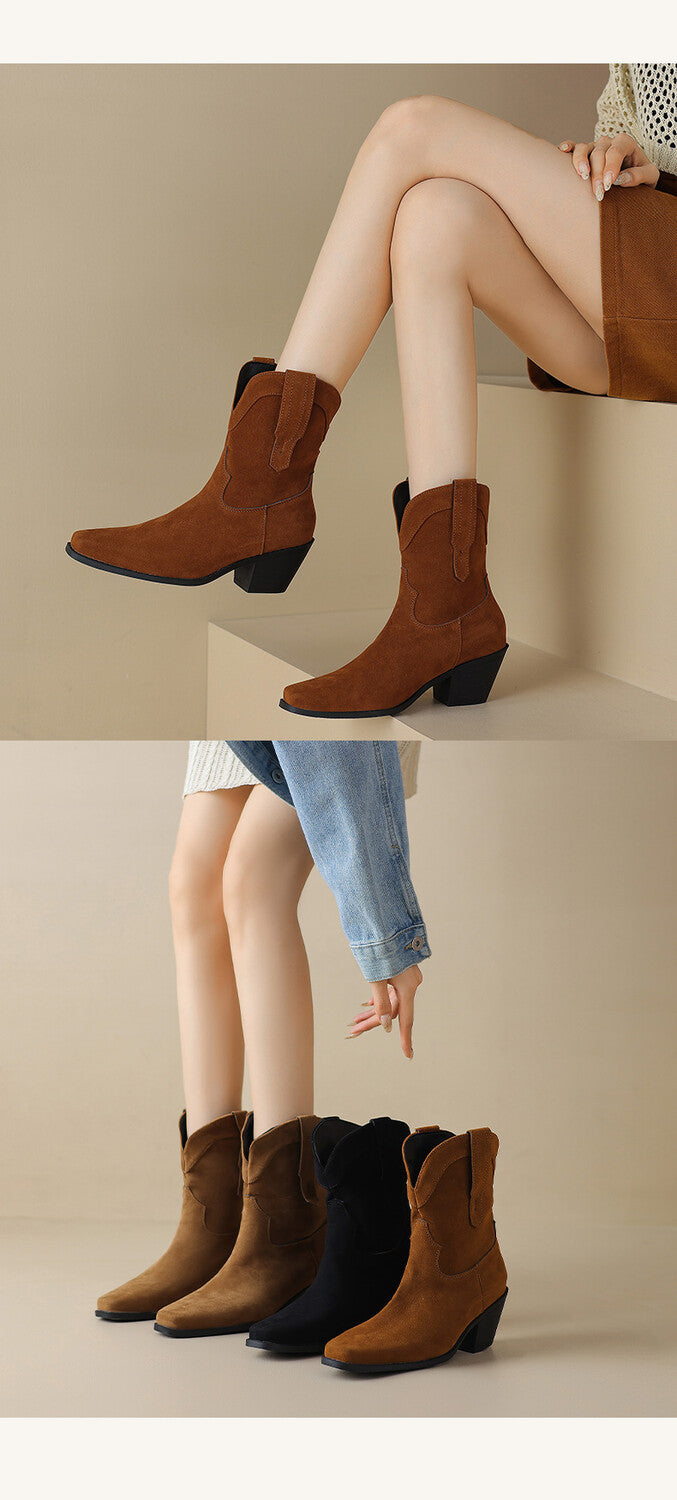 Women's Square Toe Block Heel Mid Calf Western Boots