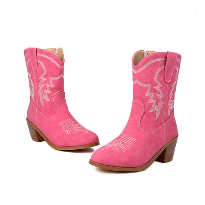 Women's Embroider Round Toe Block Heel Western Boots