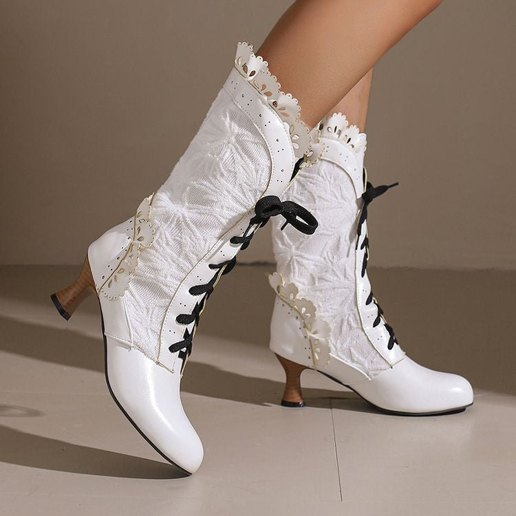 Women's Lace Lace-Up Round Toe Hoof Heel Mid Calf Boots