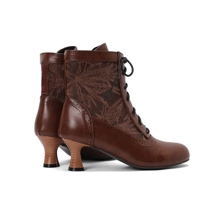 Women's Embroider Lace-Up Round Toe Hoof Heel Ankle Boots