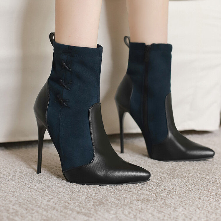 Women's Patchwork Pointed Toe Thin Heel Short Boots