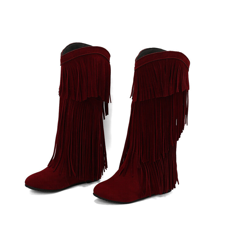 Women's Tassel Round Toe Wedge Heel Mid Calf Boots