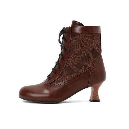 Women's Embroider Lace-Up Round Toe Hoof Heel Ankle Boots