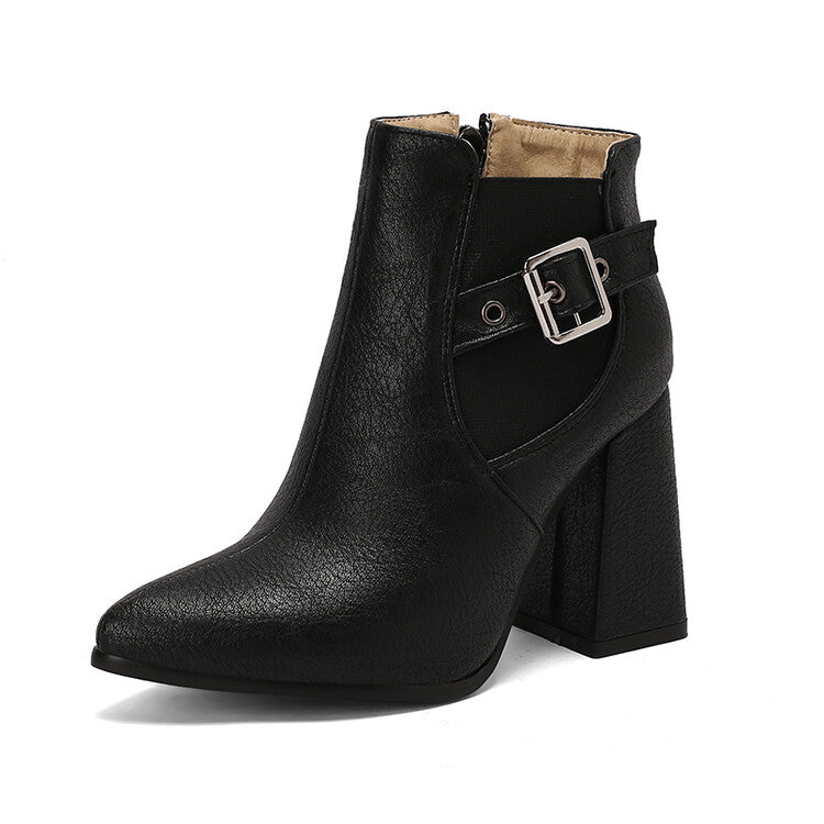 Women's Buckle Strap Pointed Toe Block Heel Ankle Boots