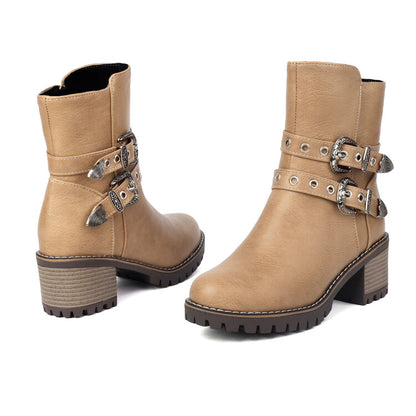 Women's Metal Decor Round Toe Square Heel Platform Short Boots