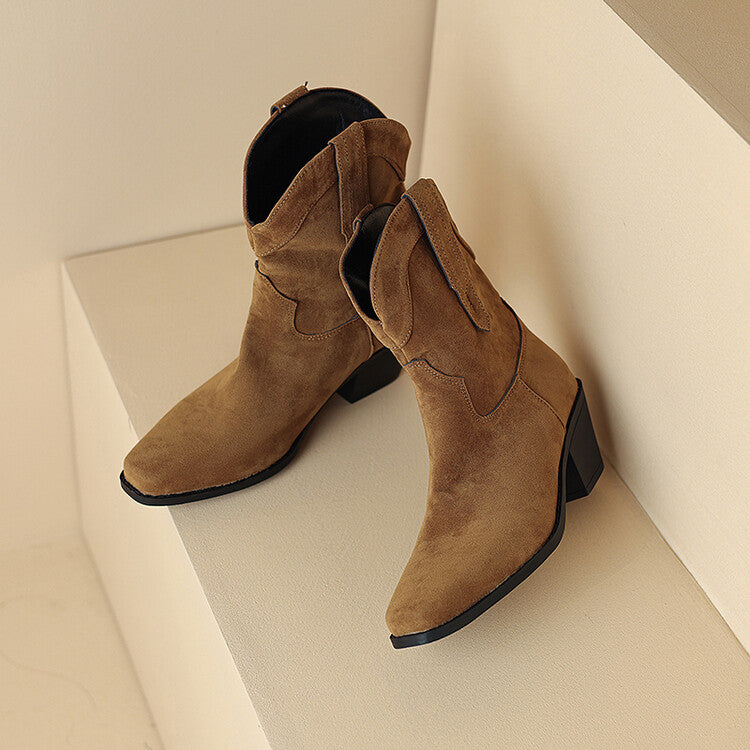 Women's Square Toe Block Heel Mid Calf Western Boots