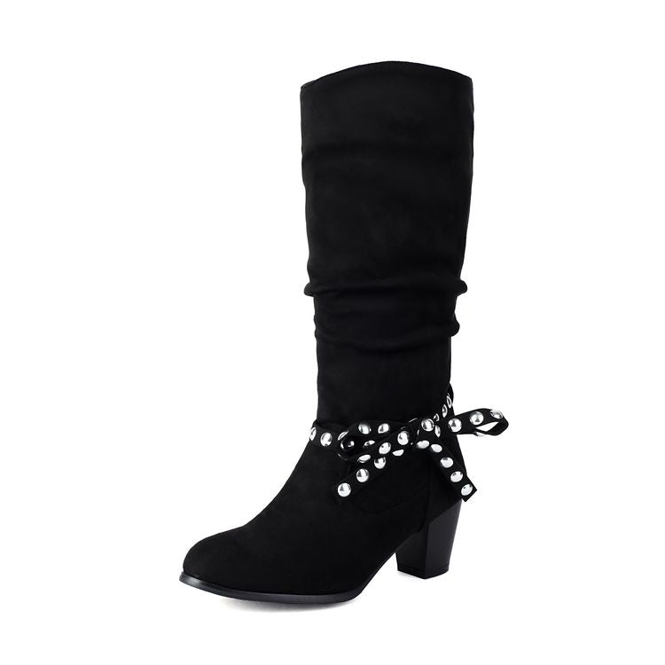 Women's Studded Round Toe High Heel Mid Calf Boots