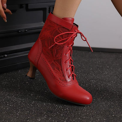 Women's Embroider Lace-Up Round Toe Hoof Heel Ankle Boots