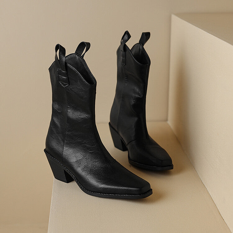 Women's Square Toe Block Heel Mid Calf Western Boots