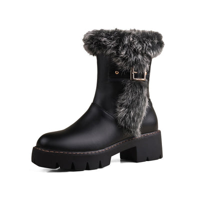 Women's Fleece Buckle Strap Flat Platform Mid Calf Boots