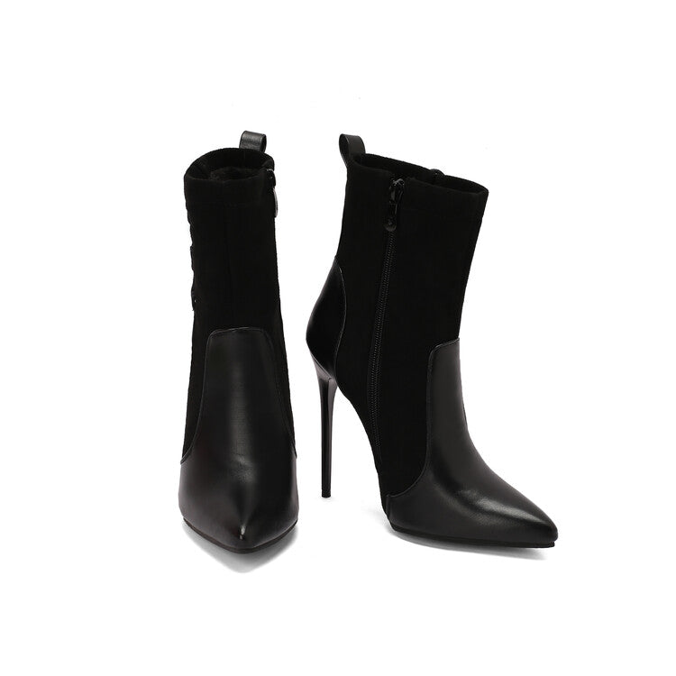 Women's Patchwork Pointed Toe Thin Heel Short Boots