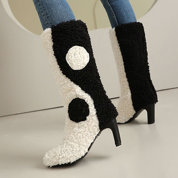 Women's Patchwork Round Toe High Heel Mid Calf Boots