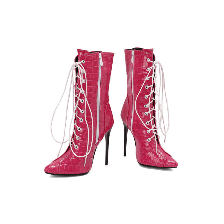 Women's Glossy Lace-Up Pointed Toe Thin Heel Short Boots
