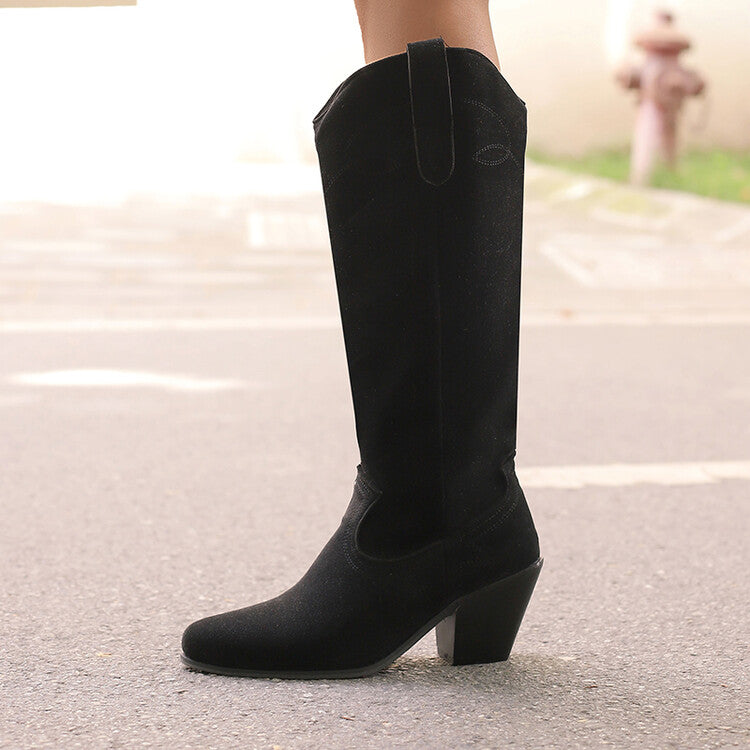 Women's Embroider Pointed Toe Block Heel Knee High Western Boots