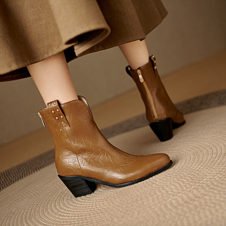Women's Pointed Toe Square Heel Rivet Studded Ankle Boots