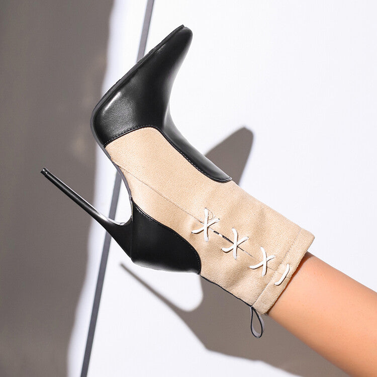 Women's Patchwork Pointed Toe Thin Heel Short Boots