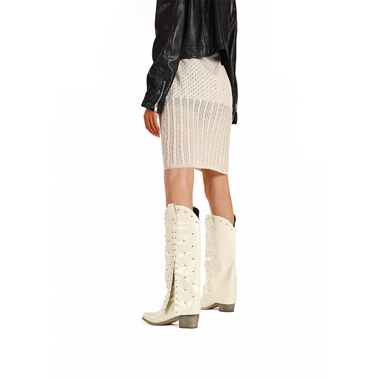 Women's Rivets Block Heel Mid Calf Boots