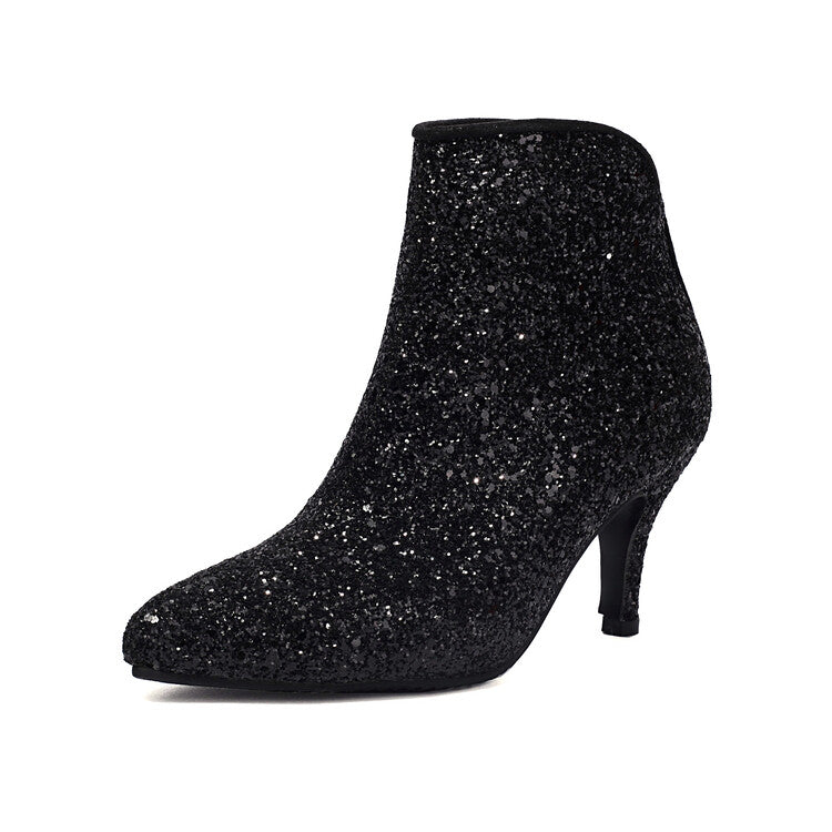 Women's Glossy Sequins Pointed Toe Spike Heel Ankle Boots