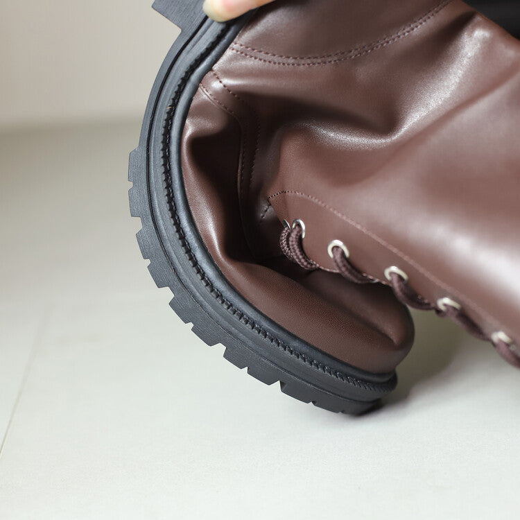 Women's Lace-Up Round Toe Flat Platform Knee High Boots