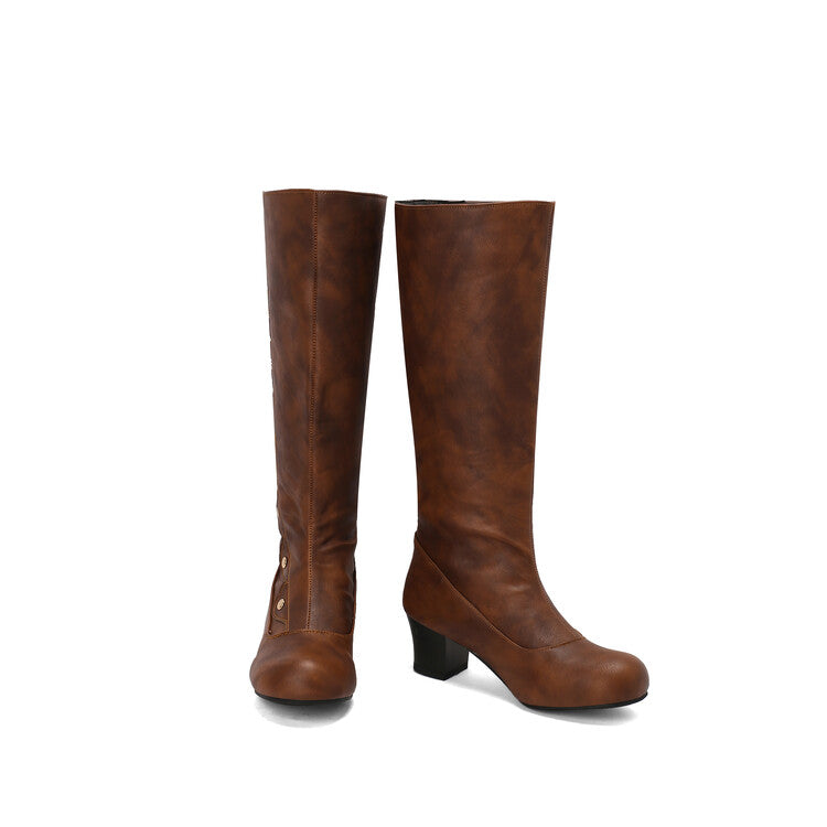 Women's Ruffles Rivets Round Toe Block Heel Knee High Boots