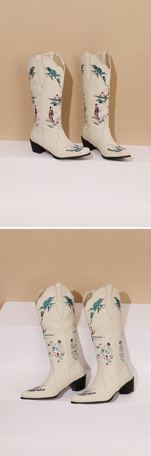 Women's Printed Embroider Block Heel Western Boots