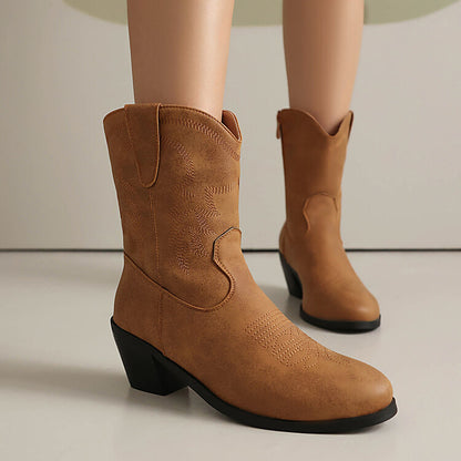 Women's Embroider Round Toe Block Heel Western Boots